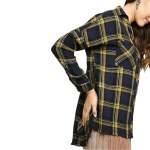 Umgee Navy and Yellow Plaid Raw Hem Shirt Size Small Oversized